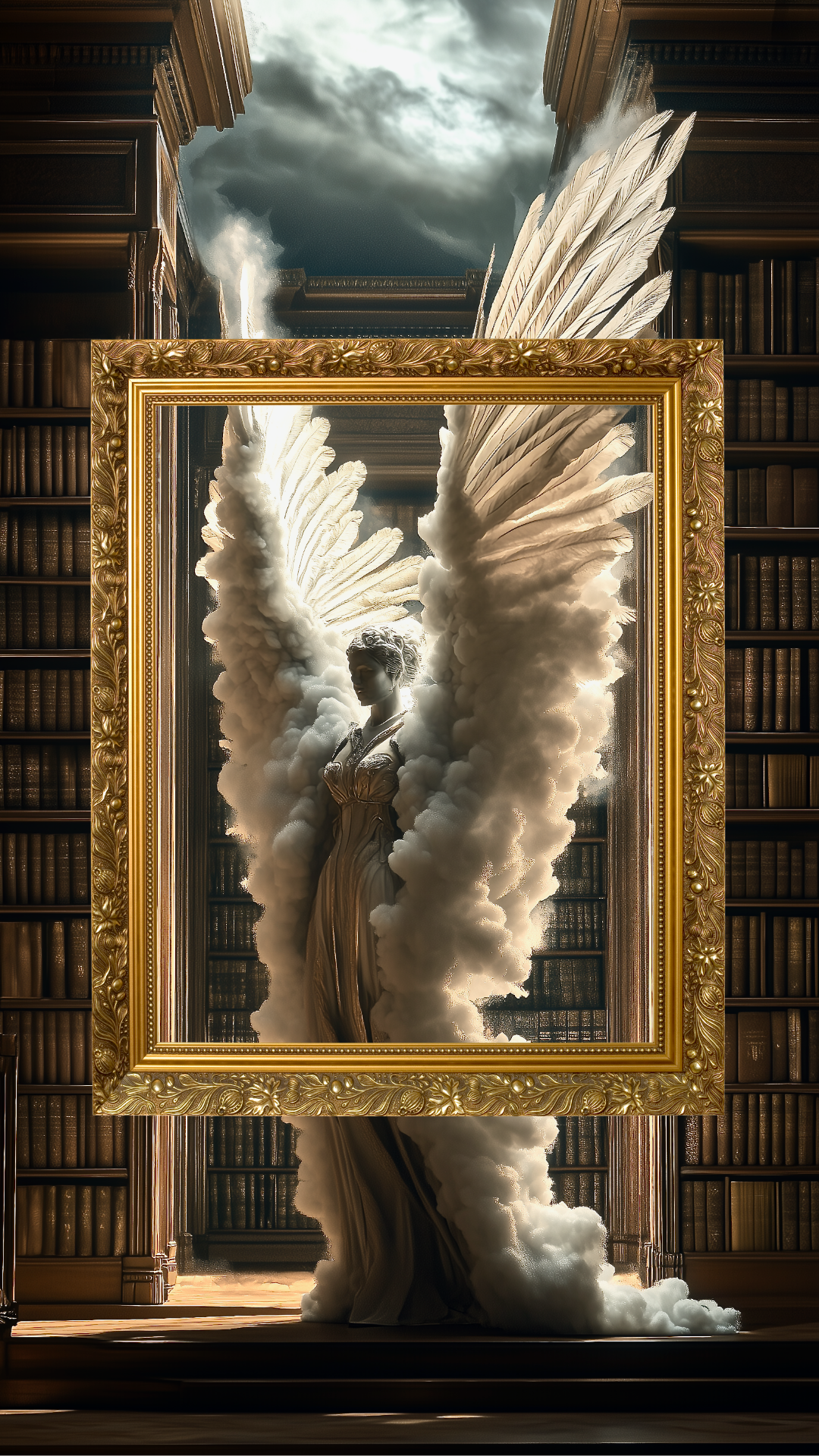 Frame mock up of the picture of a classical dramatic angel in an ancient library.