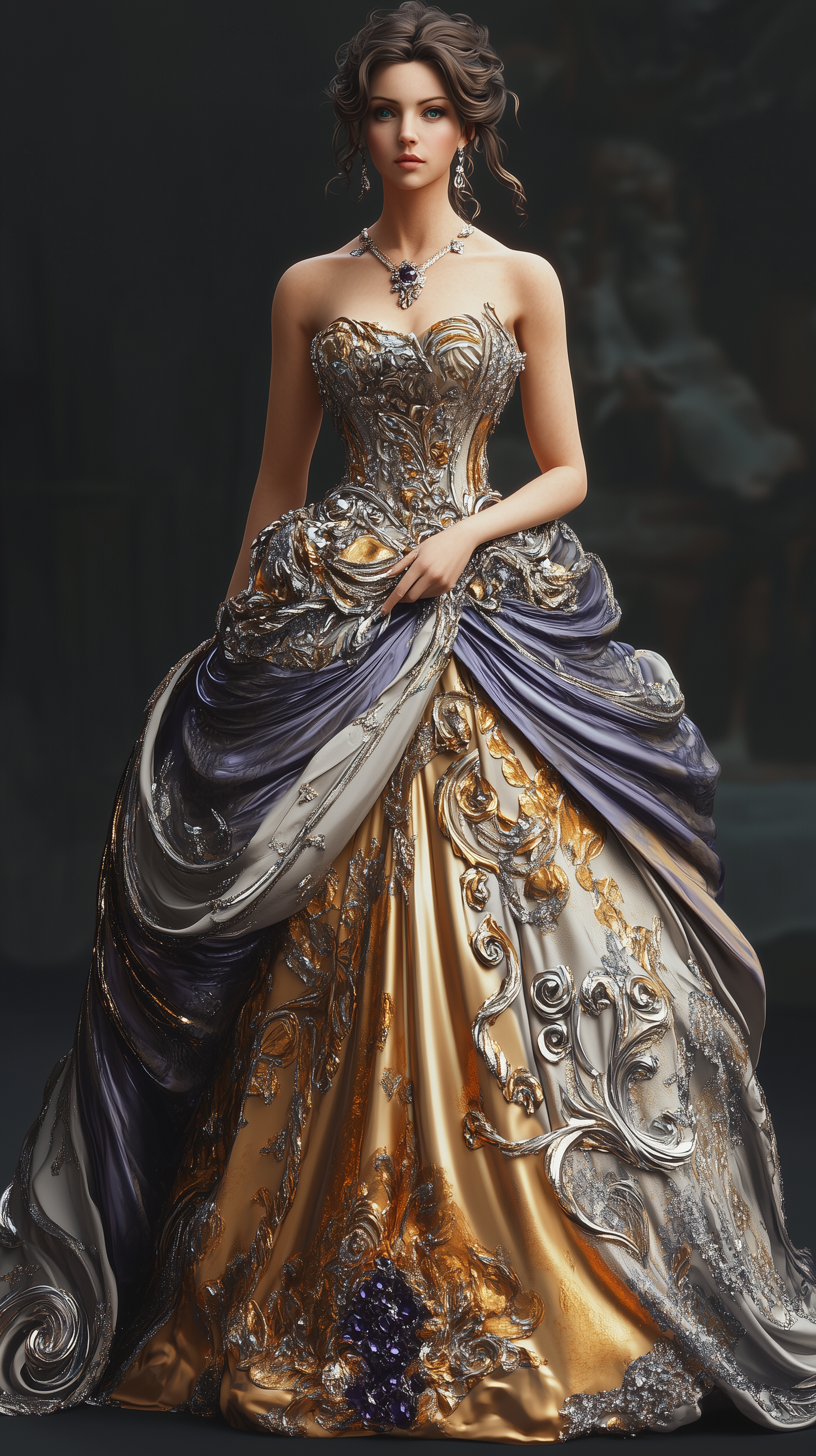 a woman dressed in an intricate ballgown inspired by Frederick Worth