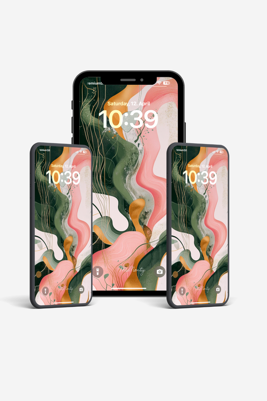 Abstract botanical phone wallpaper – flowing digital brushstrokes in coral pink, forest green, gold and teal, MidMonty Signature, 3648x6485 vertical resolution