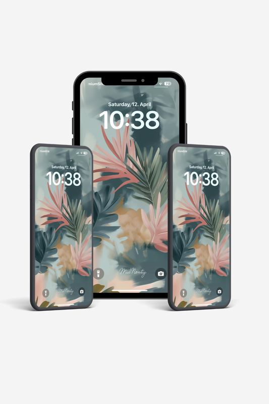 Abstract botanical wallpaper with soft peach, eucalyptus green and teal brushstroke shapes – MidMonty Signature Edition, 3648x6485 vertical PNG for iPhone and Android