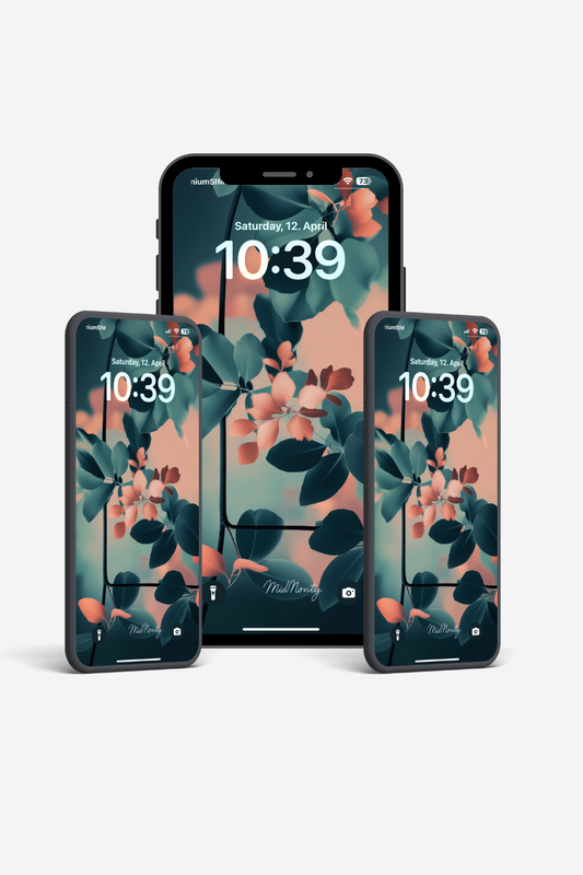 Surreal floral wallpaper for phone with coral blooms, eucalyptus green leaves, and moody softness – high-res PNG download for iPhone and Android by MidMonty, Signature Edition