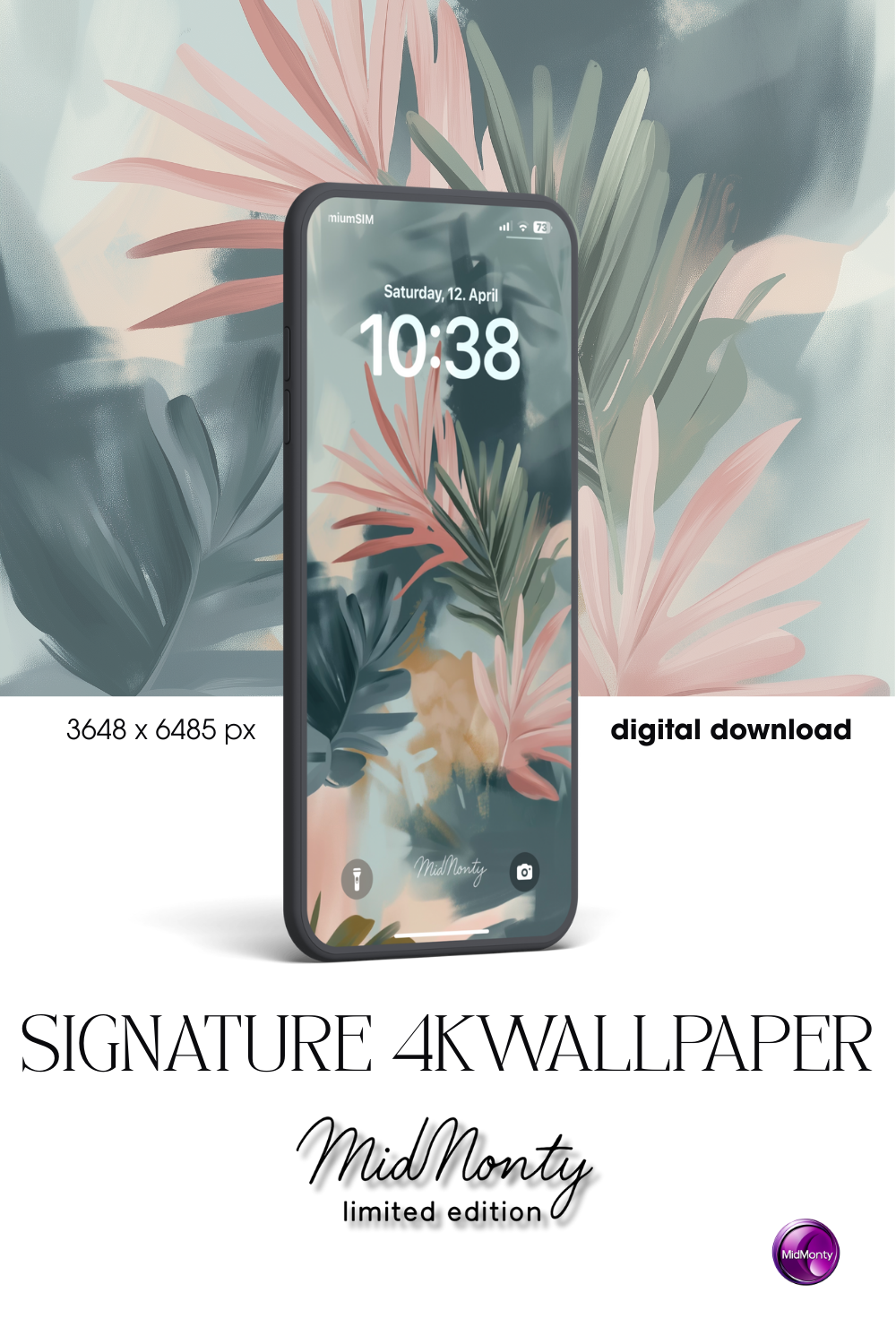 Product mockup of Leaves No. 3 Signature Wallpaper by MidMonty – digital botanical artwork with brush-painted foliage in coral, green and teal, vertical format, 3648x6485 resolution, limited edition wallpaper.