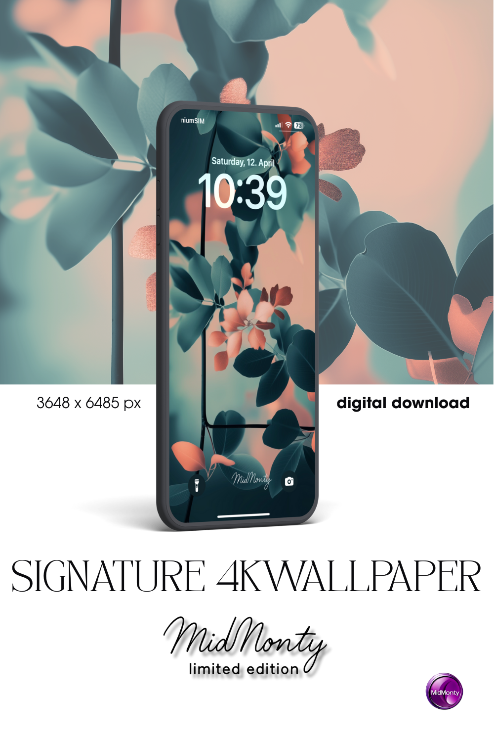 Product mockup of Surreal floral wallpaper for phone with coral blooms, eucalyptus green leaves, and moody softness – high-res PNG download for iPhone and Android by MidMonty, Signature Edition