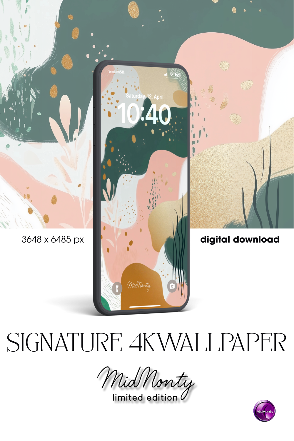 Abstract nature phone wallpaper with peach, forest green and gold organic shapes – MidMonty Signature 3648x6485 vertical PNG for iPhone and Android