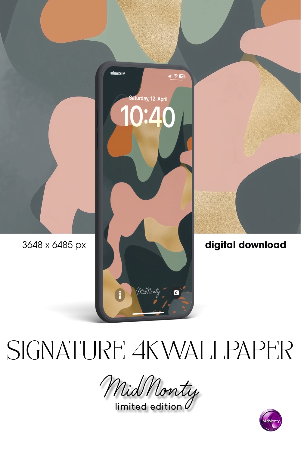 product mockup of Abstract peach and gold phone wallpaper – MidMonty Signature design with moss green and flowing shapes, vertical format, 3648x6485 for iPhone and Android