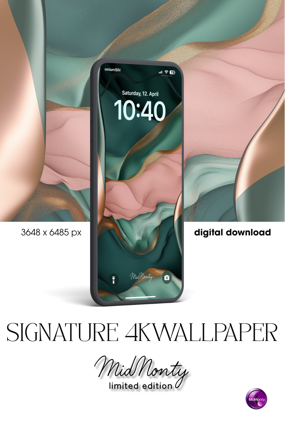 Product Mockup Luxury abstract phone wallpaper – emerald green, blush pink and gold digital design in silky textures. High-res PNG 3648x6485 for iPhone and Android lockscreen. Maximalism in your pocket!