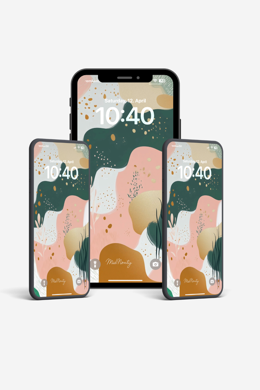 product mockup of Abstract nature phone wallpaper with peach, forest green and gold organic shapes – MidMonty Signature 3648x6485 vertical PNG for iPhone and Android