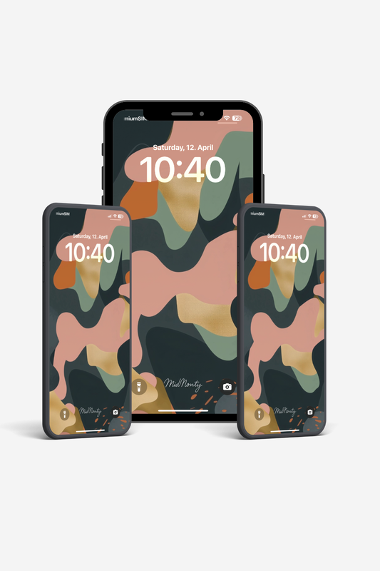 Abstract peach and gold phone wallpaper – MidMonty Signature design with moss green and flowing shapes, vertical format, 3648x6485 for iPhone and Android