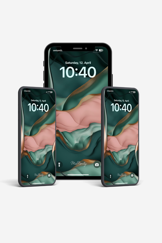 Luxury abstract phone wallpaper – emerald green, blush pink and gold digital design in silky textures. High-res PNG 3648x6485 for iPhone and Android lockscreen.