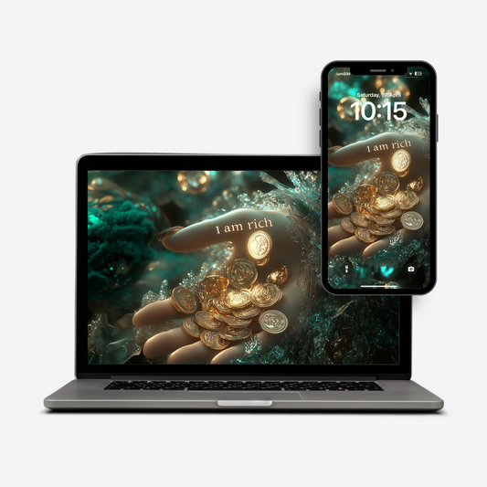 A digital display of "I am rich" wallpaper on a laptop and a smartphone. Both screens show a pair of hands gently holding a collection of glistening gold coins against an abstract, dark teal and gold background with sparkling accents. The text "I am rich" is subtly overlaid on both images. The smartphone screen displays the time as 10:15 AM on Saturday, along with standard phone icons. The laptop is open, showcasing the wallpaper as its desktop background.