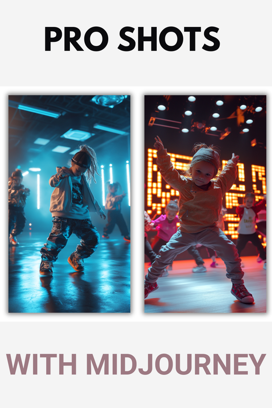 Two dynamic images showcase children dancing energetically under bright, colorful stage lights. The left scene has a cool blue and white ambiance, while the right features warm orange and pink tones. Text above reads "PRO SHOTS" and below says "WITH MIDJOURNEY."