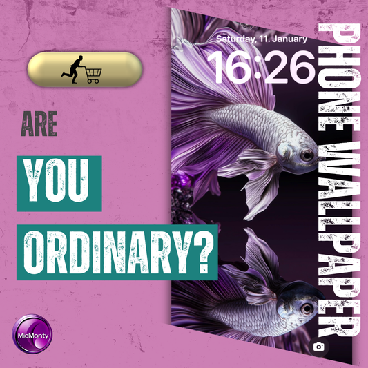 Motivational design featuring two silver and purple Betta fish against a dark background. Text reads 'ARE YOU ORDINARY?' in white distressed text on teal rectangles against a textured pink background. Includes a gold shopping cart icon and MidMonty logo.