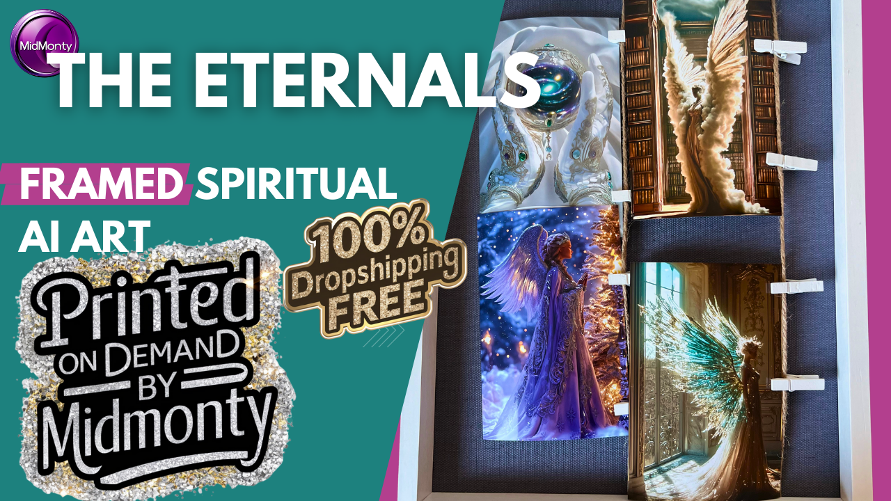 Marketing image for 'The Eternals' spiritual AI art prints by Midmonty. Shows framed fantasy artwork featuring angels and cosmic imagery. Text overlay promotes print-on-demand service with free dropshipping. Purple and teal color scheme.