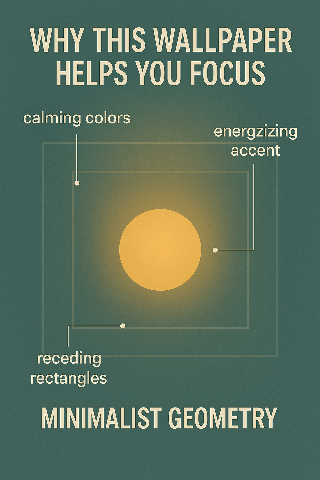 Infographic showing a minimalist wallpaper design with a yellow circle in the center, surrounded by receding rectangles on a green background. Text explains that the calming colors, energizing accent, and receding rectangles help you focus. The overall style is labeled "MINIMALIST GEOMETRY.
