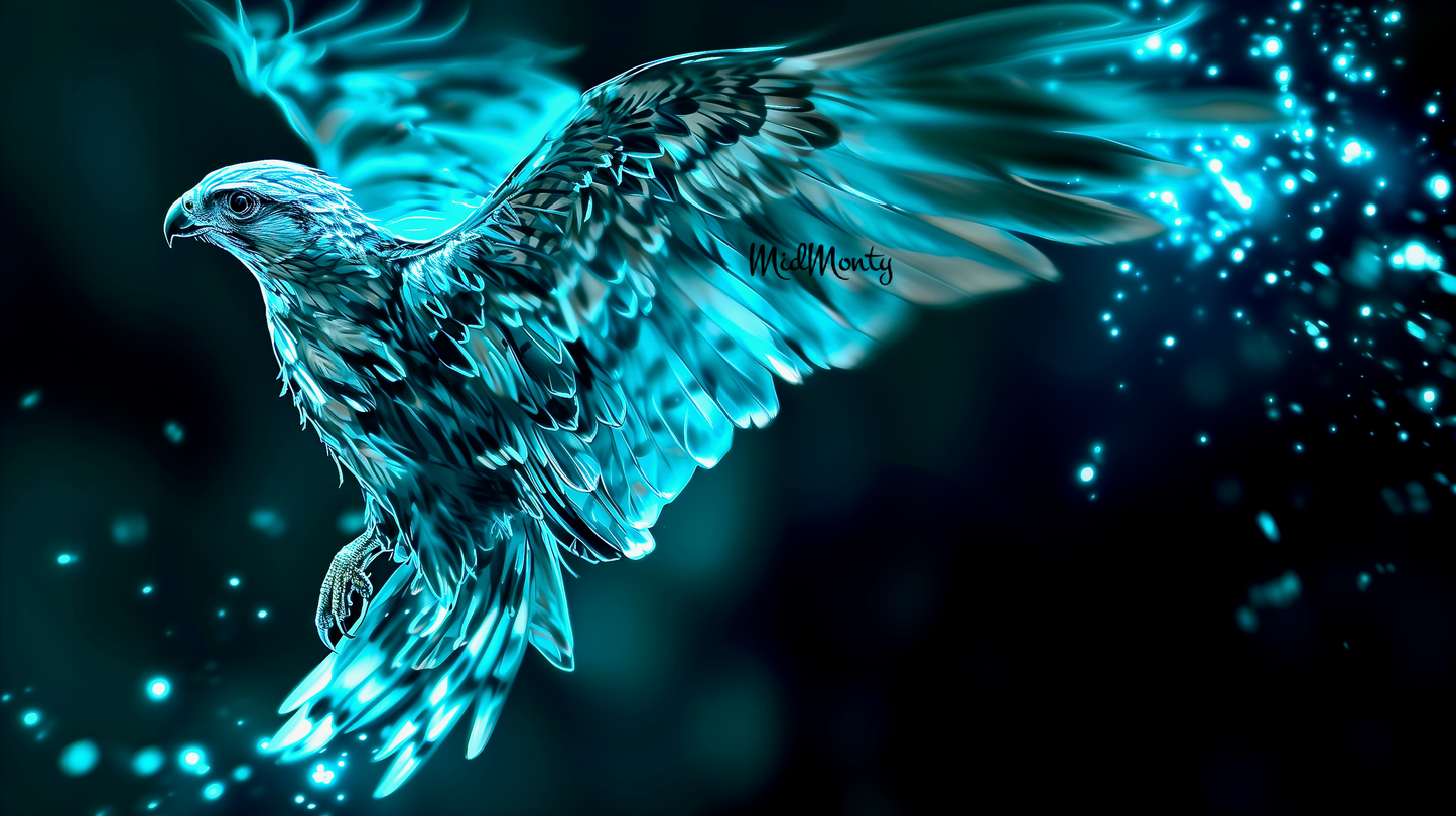 Transform your space with this ethereal digital artwork featuring a glowing cyan falcon in flight. Created using AI technology, this striking piece captures the majestic beauty of a falcon illuminated by mystical light and surrounded by luminescent particles. Available as high-resolution downloads for both phone wallpapers and wall art prints, this versatile digital artwork seamlessly blends nature's grace with technological artistry.