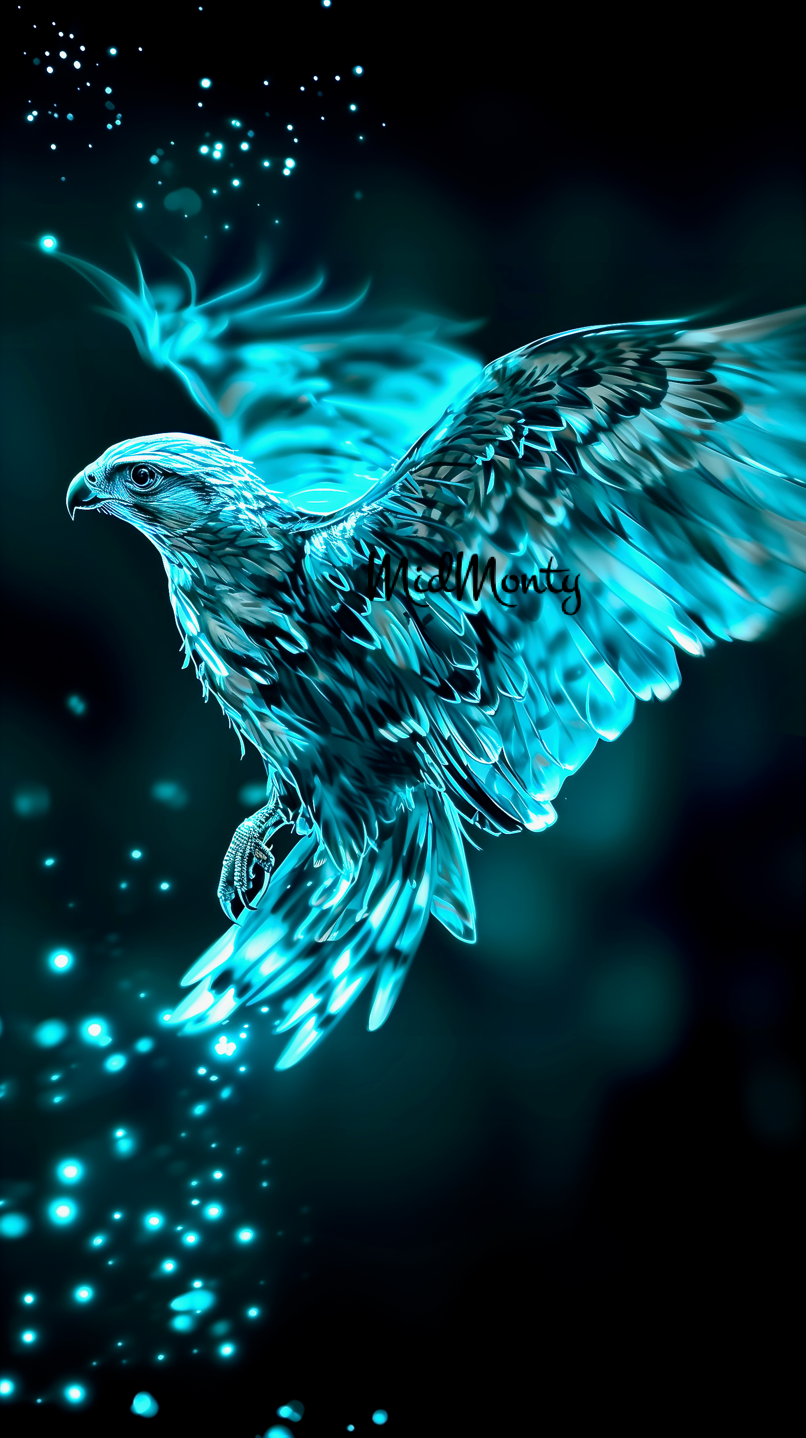 Transform your space with this ethereal digital artwork featuring a glowing cyan falcon in flight. Created using AI technology, this striking piece captures the majestic beauty of a falcon illuminated by mystical light and surrounded by luminescent particles. Available as high-resolution downloads for both phone wallpapers and wall art prints, this versatile digital artwork seamlessly blends nature's grace with technological artistry.