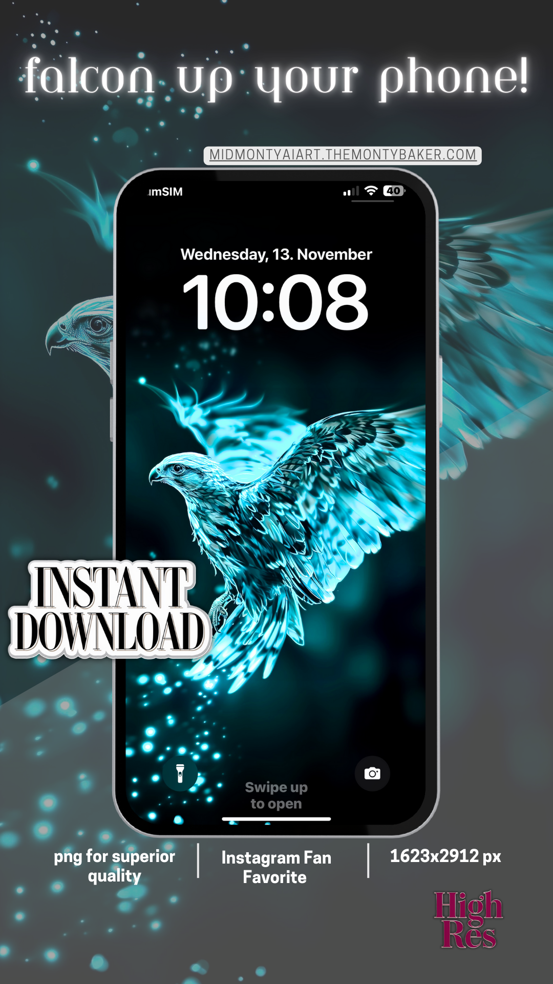 Transform your space with this ethereal digital artwork featuring a glowing cyan falcon in flight. Created using AI technology, this striking piece captures the majestic beauty of a falcon illuminated by mystical light and surrounded by luminescent particles. Available as high-resolution downloads for both phone wallpapers and wall art prints, this versatile digital artwork seamlessly blends nature's grace with technological artistry.