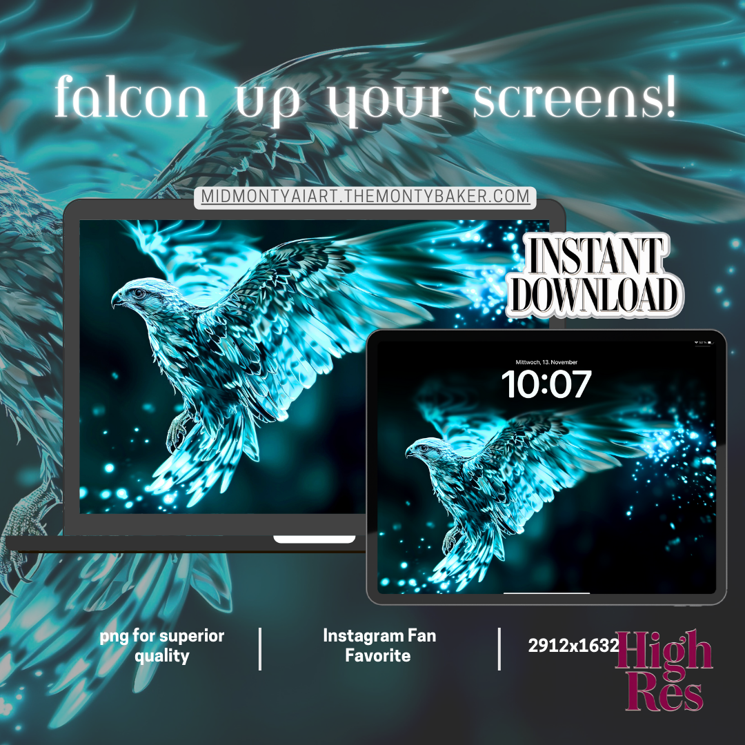 Transform your space with this ethereal digital artwork featuring a glowing cyan falcon in flight. Created using AI technology, this striking piece captures the majestic beauty of a falcon illuminated by mystical light and surrounded by luminescent particles. Available as high-resolution downloads for both phone wallpapers and wall art prints, this versatile digital artwork seamlessly blends nature's grace with technological artistry.
