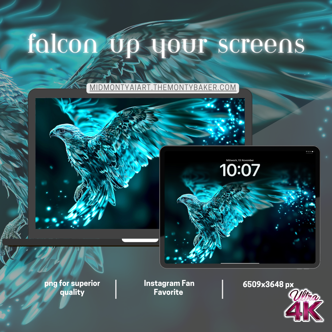 Transform your space with this ethereal digital artwork featuring a glowing cyan falcon in flight. Created using AI technology, this striking piece captures the majestic beauty of a falcon illuminated by mystical light and surrounded by luminescent particles. Available as high-resolution downloads for both phone wallpapers and wall art prints, this versatile digital artwork seamlessly blends nature's grace with technological artistry.