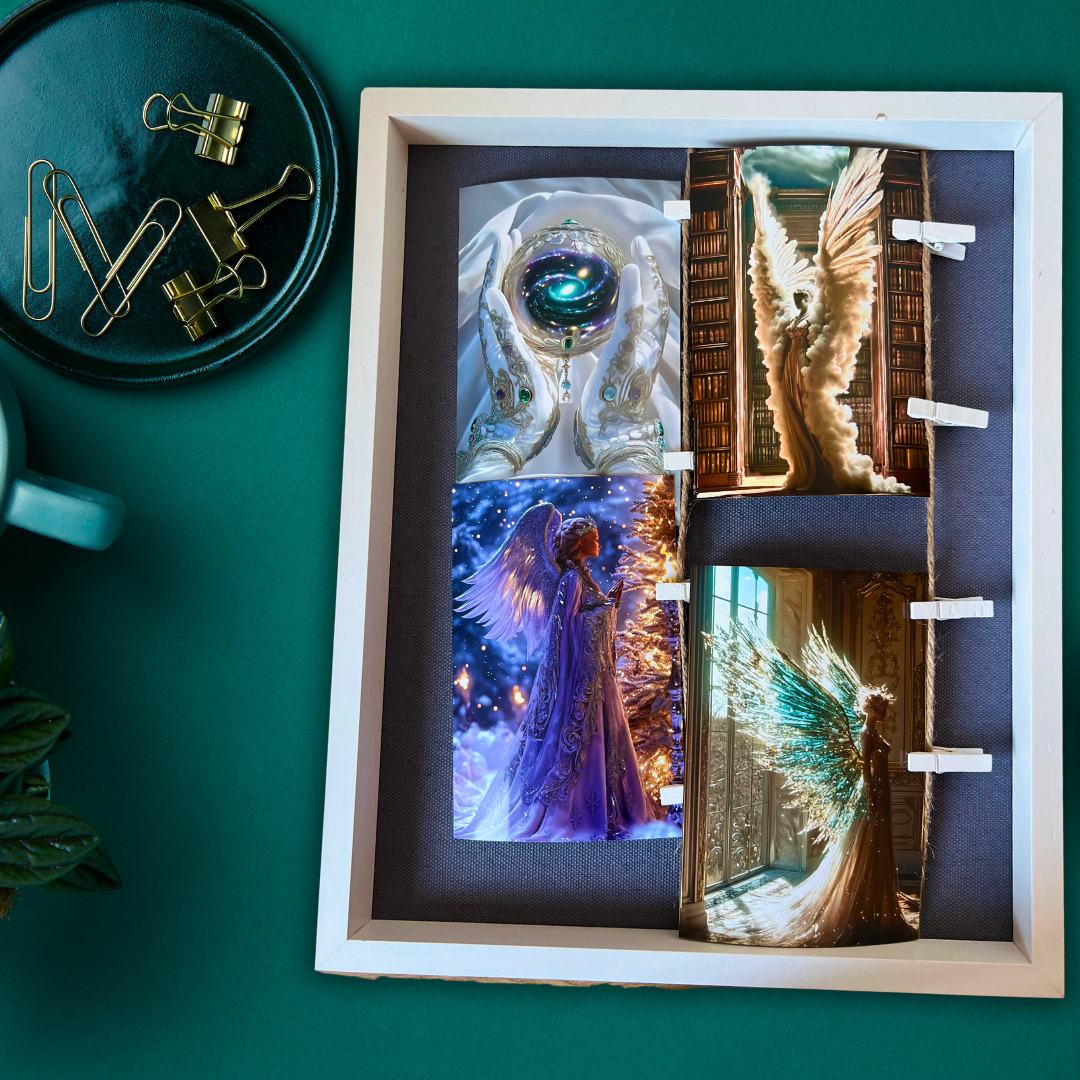 A white washing line frame  with white pegs  lying on a green table. The frame displays four fantasy artwork prints against a dark background. Images show mystical scenes: hands holding a galaxy orb, golden and ethereal angels in library settings, and a purple-robed angelic figure.