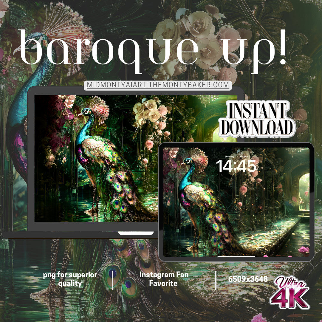 Luxury AI-generated peacock wallpaper in baroque style for ultra 4K widescreen. High-resolution digital art with iridescent feathers and opulent details. Perfect for premium desktop and tablet displays. Instant download for crystal-clear, elegant backgrounds – an Instagram fan favorite.