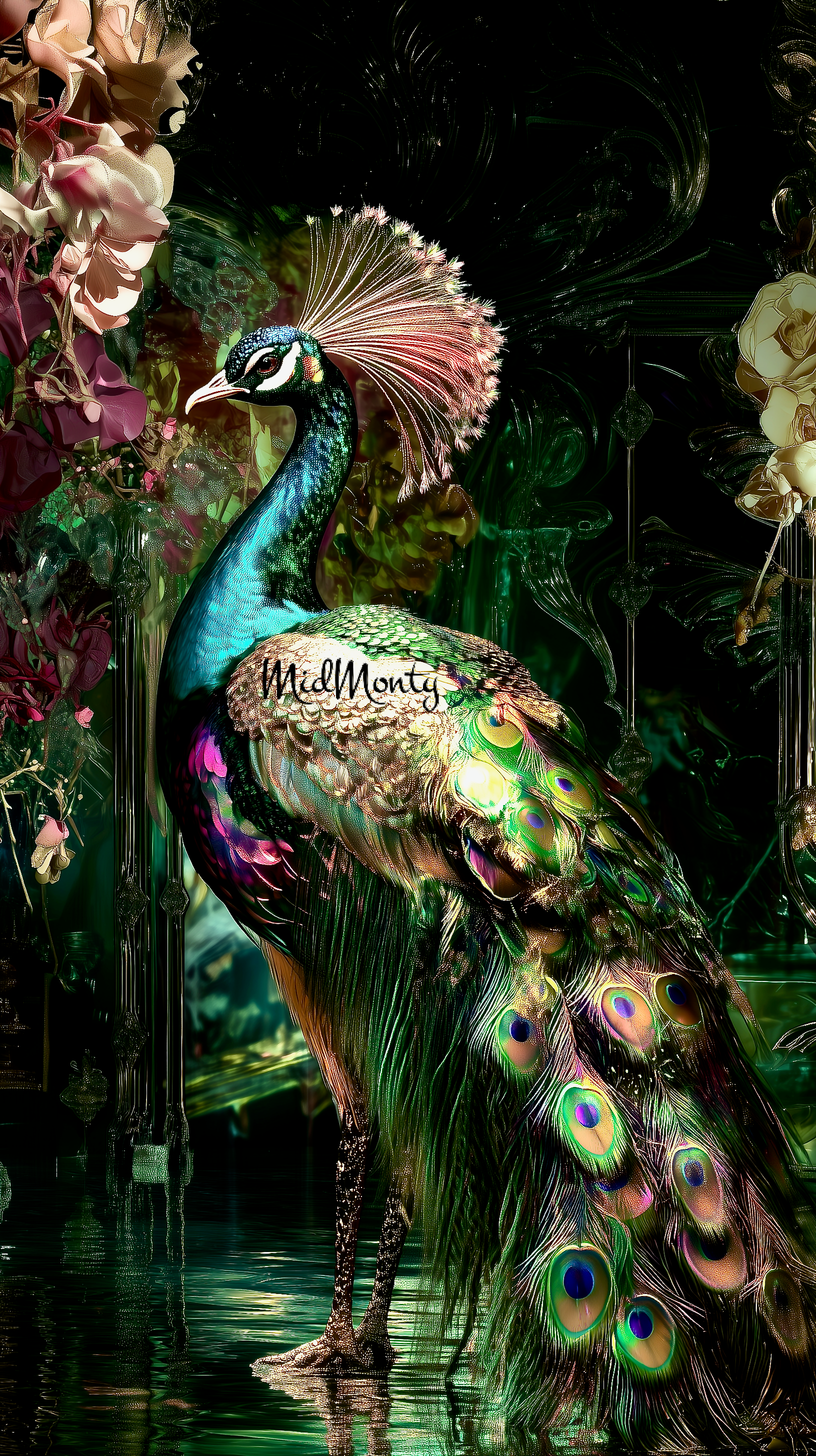 Luxury AI-generated peacock artwork in a mystical garden. Vibrant blue-green iridescent feathers, detailed eye-spotted tail in emerald, sapphire, and violet hues. Digital art with opulent floral elements, roses, and crystal-like reflections. Perfect for high-end wall art, AI fantasy prints, and elegant home décor.