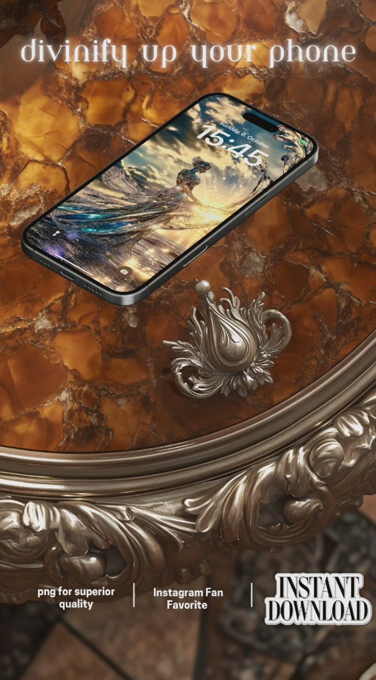 A breathtaking AI-generated artwork of a crystalline Aphrodite standing tall against a golden ocean sunset. Her translucent glass-like gown flows like liquid light, merging with the waves. Sunbeams shimmer through her ethereal form, evoking divinity, resilience, and timeless beauty. A celestial moment frozen in eternity.