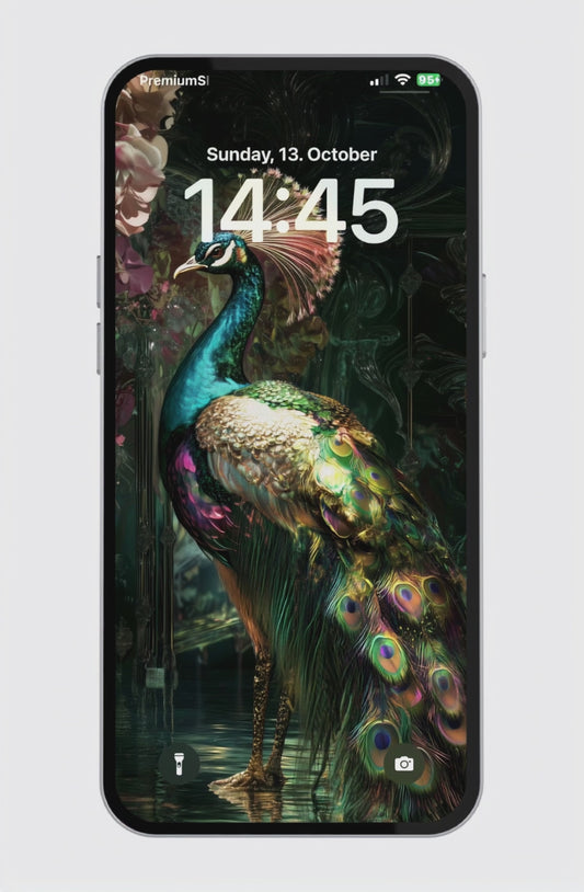luxurious peacock wallpaper in emerald green with golden feathers and floral background, inspired by timeless beauty and elegance