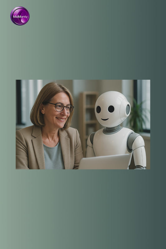 Professional woman in her 40s smiling at a cute white robot in an office setting. Both sit at a desk with a laptop. Visual metaphor for friendly, non-intimidating AI support at work. Colors: muted greens and beige, warm and trustworthy vibe. Represents MidMonty’s beginner ChatGPT course for office tasks.