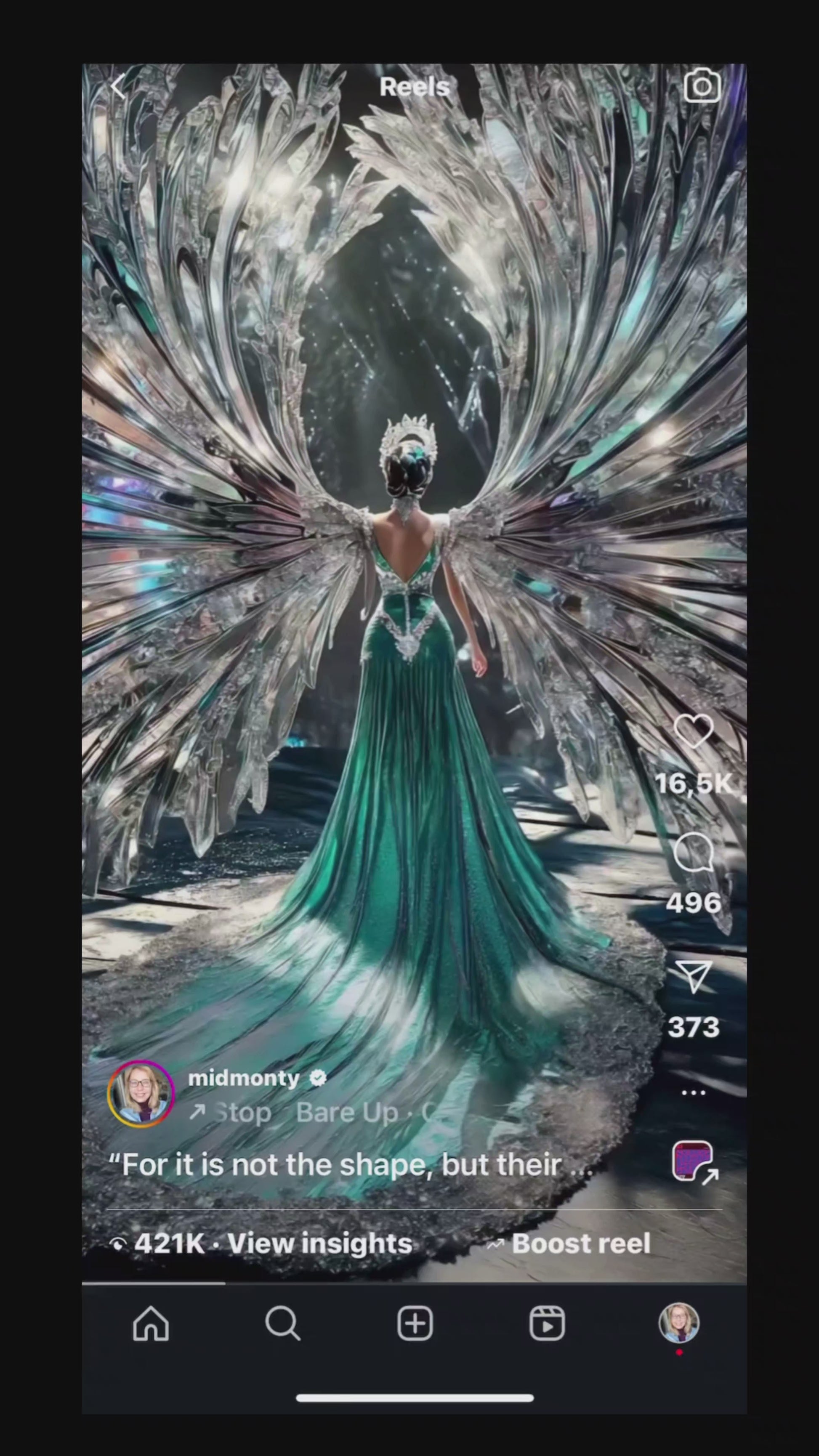 Screen recording of a viral Instagram reel with 16K likes, featuring a stunning angel wallpaper 4k hd with a radiant girl in an emerald gown and crystal wings. Followed by a still of the beautiful angel wallpaper and a sleek smartphone mockup showcasing the design. Created as a high-res angel wallpaper 4k for mobile, ideal for angel wallpaper iPhone, angel wallpaper phone, and 4K angel wallpaper android users.