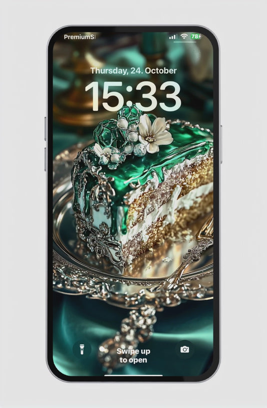 baroque slice of cake with emerald green glaze, gold shimmer and silver floral details on ornate plate – luxurious phone wallpaper