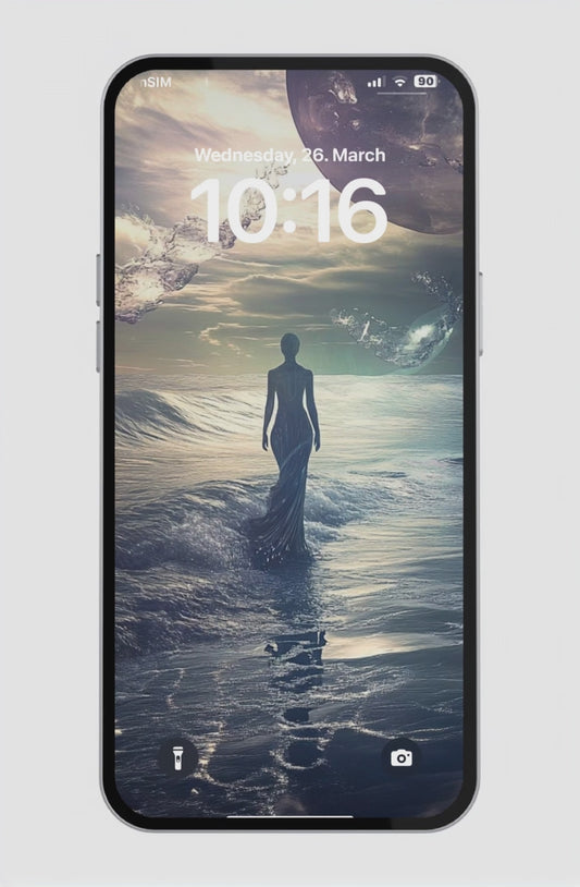 surreal ocean wallpaper with a lone figure walking into twilight waves, surrounded by celestial elements and echoes of transformation