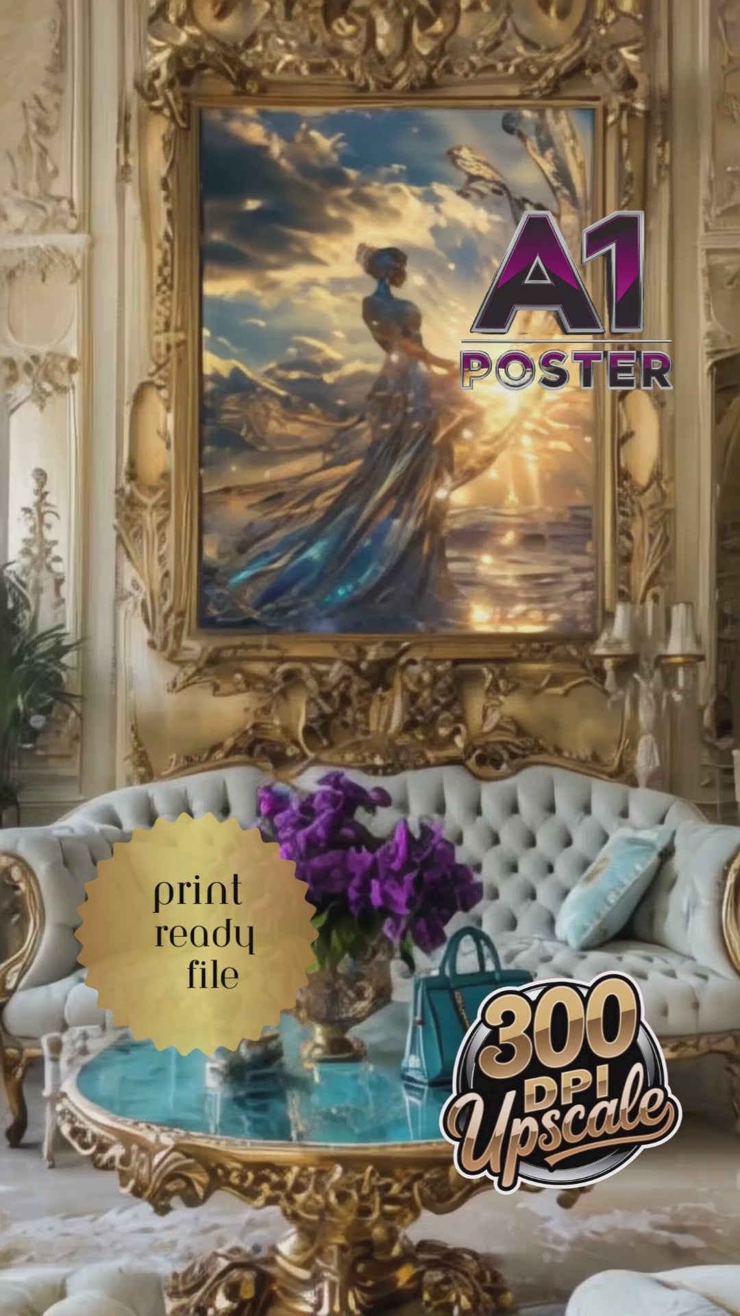 A breathtaking AI-generated artwork of a crystalline Aphrodite standing tall against a golden ocean sunset. Her translucent glass-like gown flows like liquid light, merging with the waves. Sunbeams shimmer through her ethereal form, evoking divinity, resilience, and timeless beauty. A celestial moment frozen in eternity.