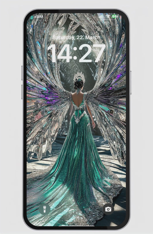 Lockscreen display of a stunning angel wallpaper 4K HD, featuring a beautiful girl with crystal wings in a glowing emerald gown. Perfect as a beautiful angel wallpaper for phone, designed for both angel wallpaper iPhone and 4K angel wallpaper Android users.