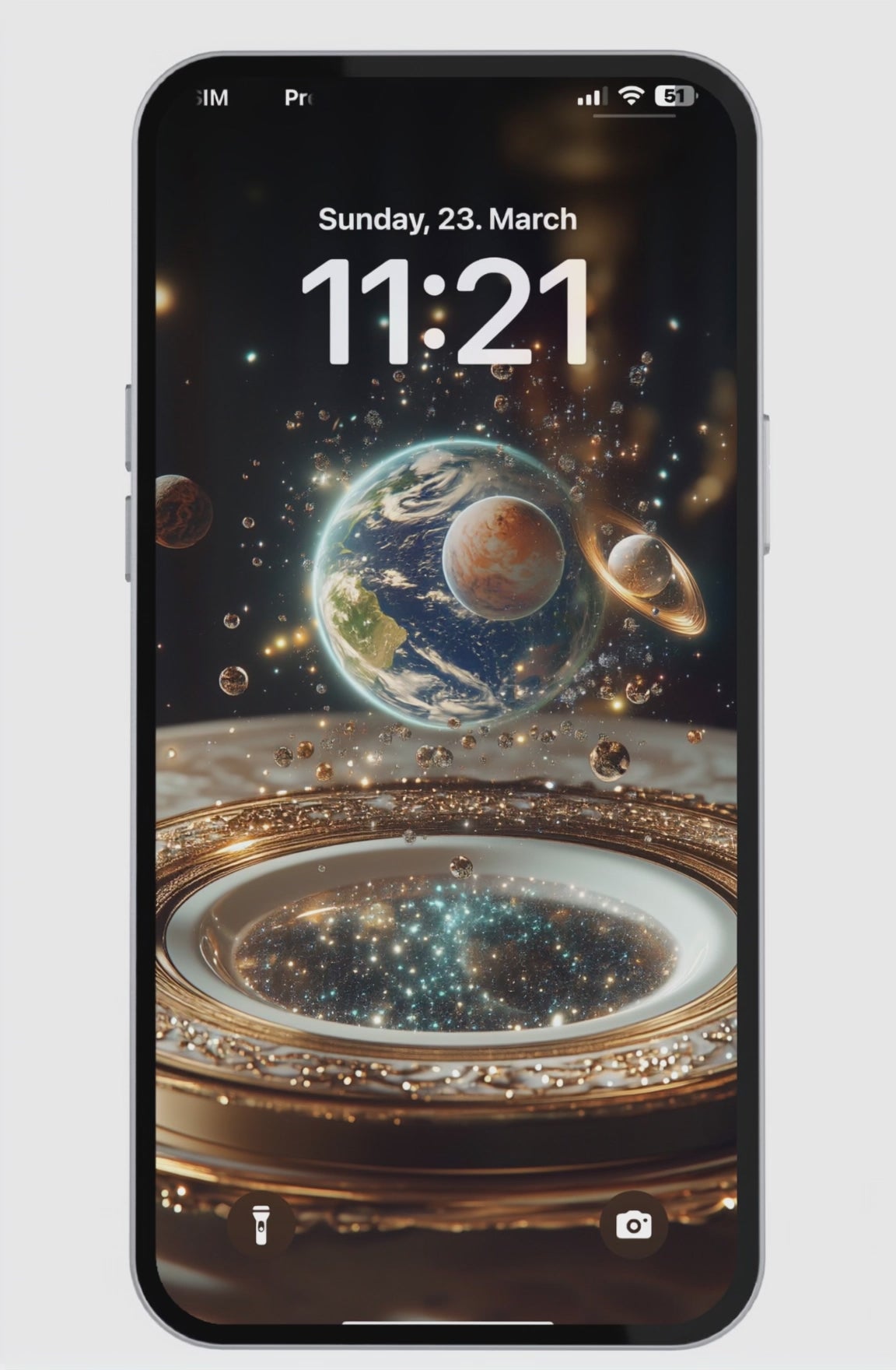 HD4K iPhone wallpaper featuring a cosmic, luxurious, surreal, and celestial scene – feast of the gods theme with Earth, planets, and a glowing micro galaxy floating above a baroque fine dining plate.