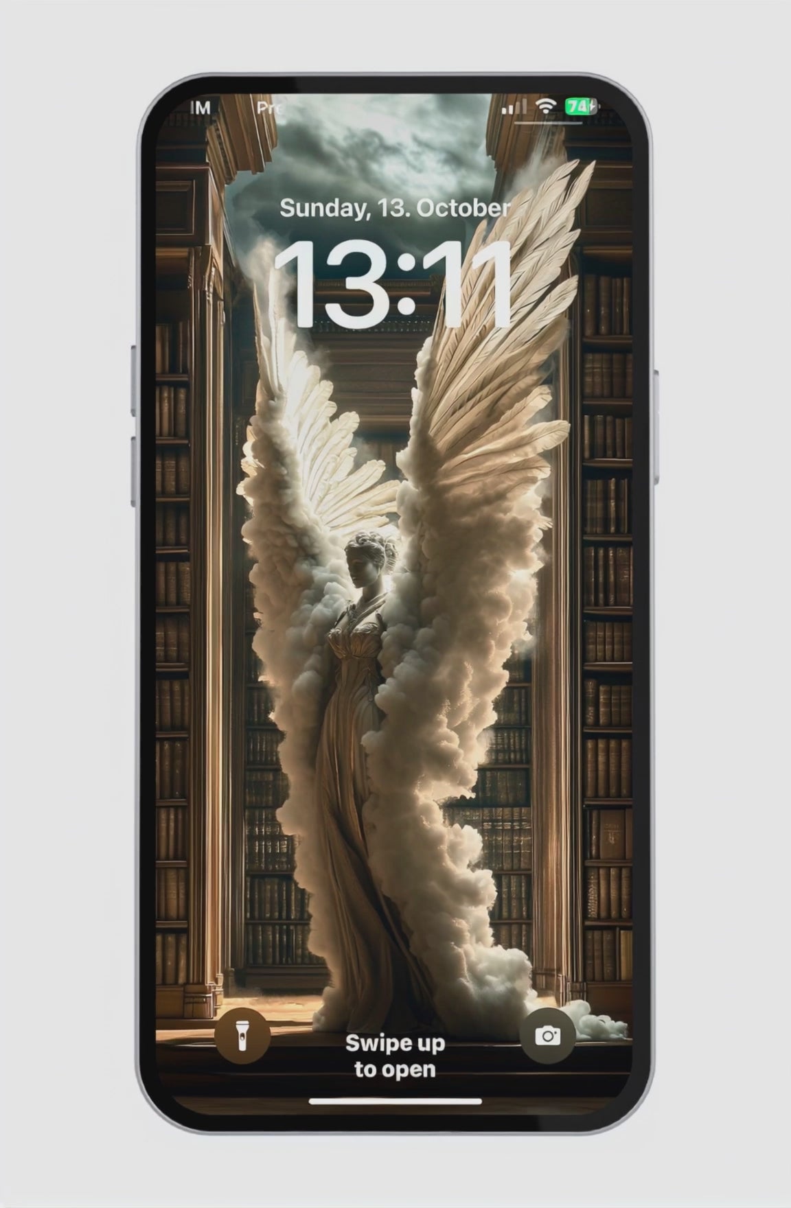 Heavenly angel with radiant wings standing in a majestic old library, surrounded by books and ethereal light, perfect for spiritual phone backgrounds