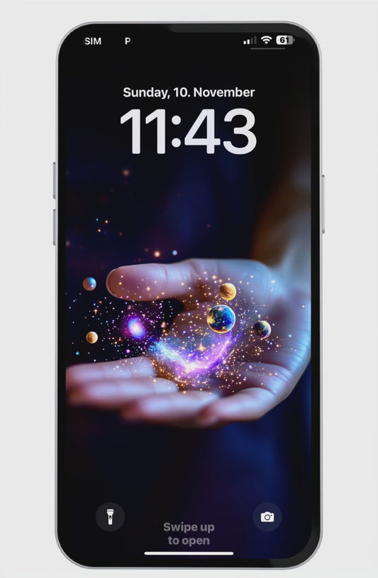 A cosmic galaxy wallpaper 4k displayed on an iPhone lock screen, showing a hand holding glowing planets and stardust. Perfect as a space wallpaper 4k for mobile, available for galaxy wallpaper iPhone and galaxy wallpaper android users.