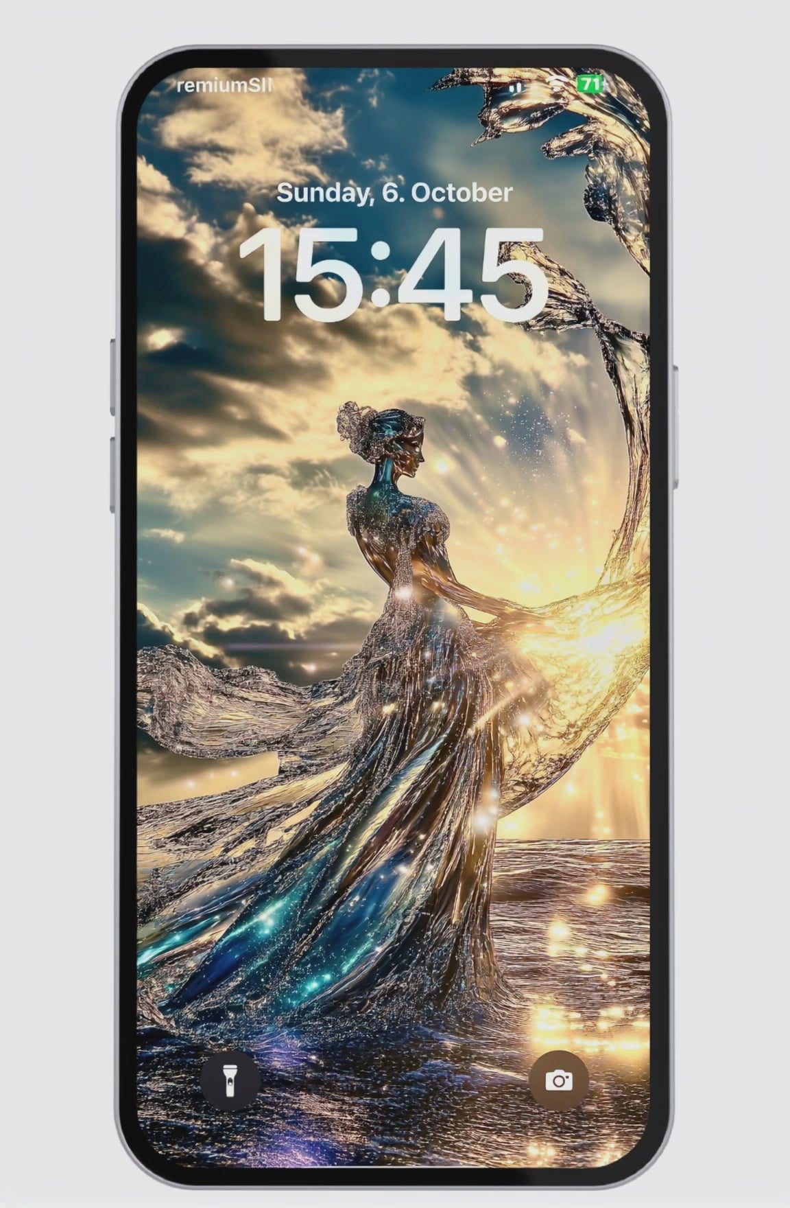 Beautiful goddess wallpaper phone mockup featuring Aphrodite in a radiant, flowing, divine and ethereal pose – HD4K aesthetic mobile background showcasing shimmering beauty.