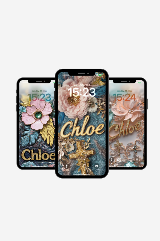 Three smartphones are displayed vertically against a white background, each showing a different floral-themed lock screen with the name "Chloe" in a decorative gold script. The phone on the left features a pink and green floral design, the center phone has a pink and gold floral arrangement with a golden cross, and the phone on the right displays a peach and gold floral motif. Each screen also shows the date "Sunday, 11. May" and a time around 15:23 or 15:24.