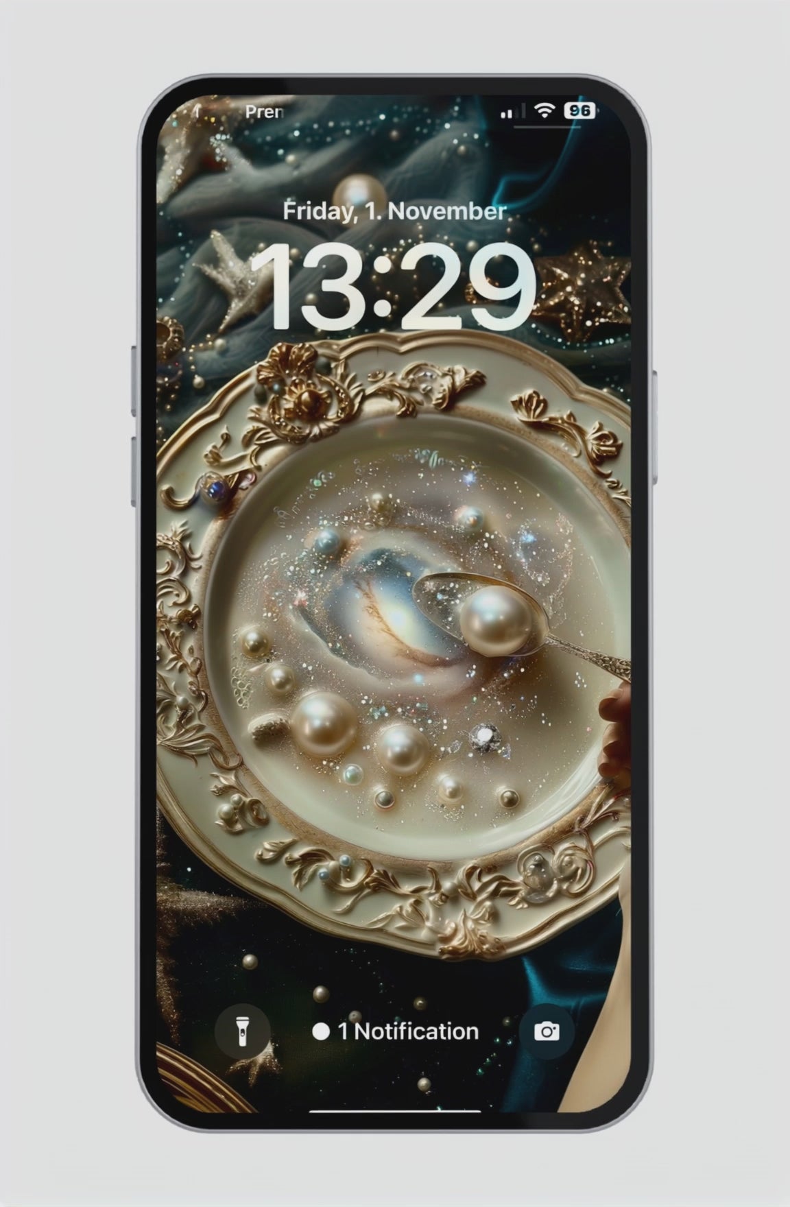 Ornate porcelain plate filled with glowing pearls and a swirling galaxy, captured in soft gold, cream and cosmic shimmer