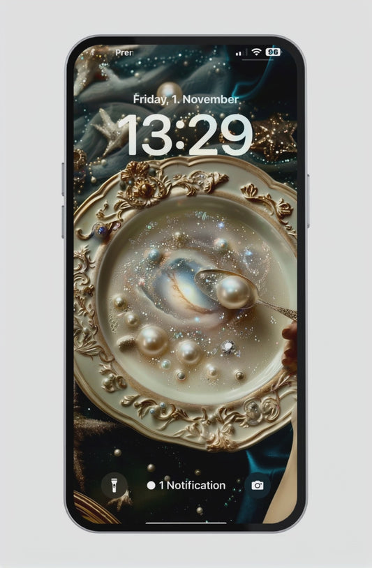 Ornate porcelain plate filled with glowing pearls and a swirling galaxy, captured in soft gold, cream and cosmic shimmer