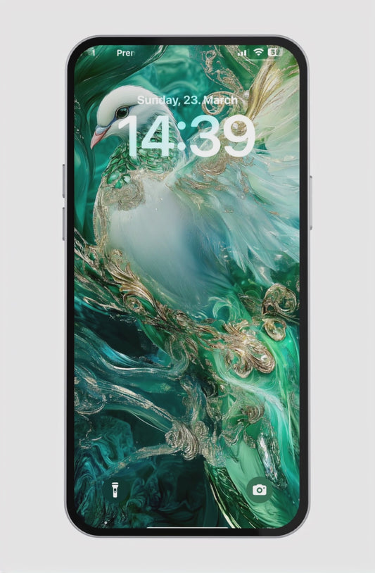 Close-up of a white dove with soft feathers and golden green accents, displayed as a high-resolution phone wallpaper for a peaceful and artistic mobile experience.