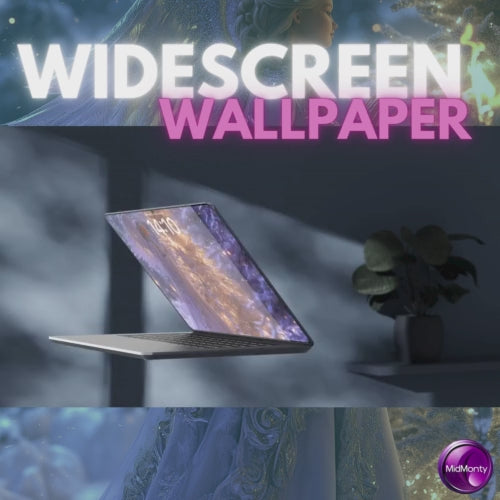 Promo video for widescreen wallpaper 4k png file of a purple Christmas angel in an ornate robe praying at a Christmas Tree in the forest.