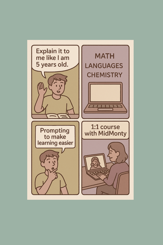 A promotional image for MidMonty, advertising a personal AI tutor for all subjects. The top text reads "Surprise your teachers!". A four-panel comic shows a student asking for explanations as if they were five, a laptop displaying "MATH LANGUAGES CHEMISTRY", another student thinking about easier learning, and a 1:1 online tutoring session with MidMonty. Text below states "YOUR PERSONAL AI TUTOR, EVERY SUBJECT. Book Now! ANY TIME.". The MidMonty logo is in the top left.