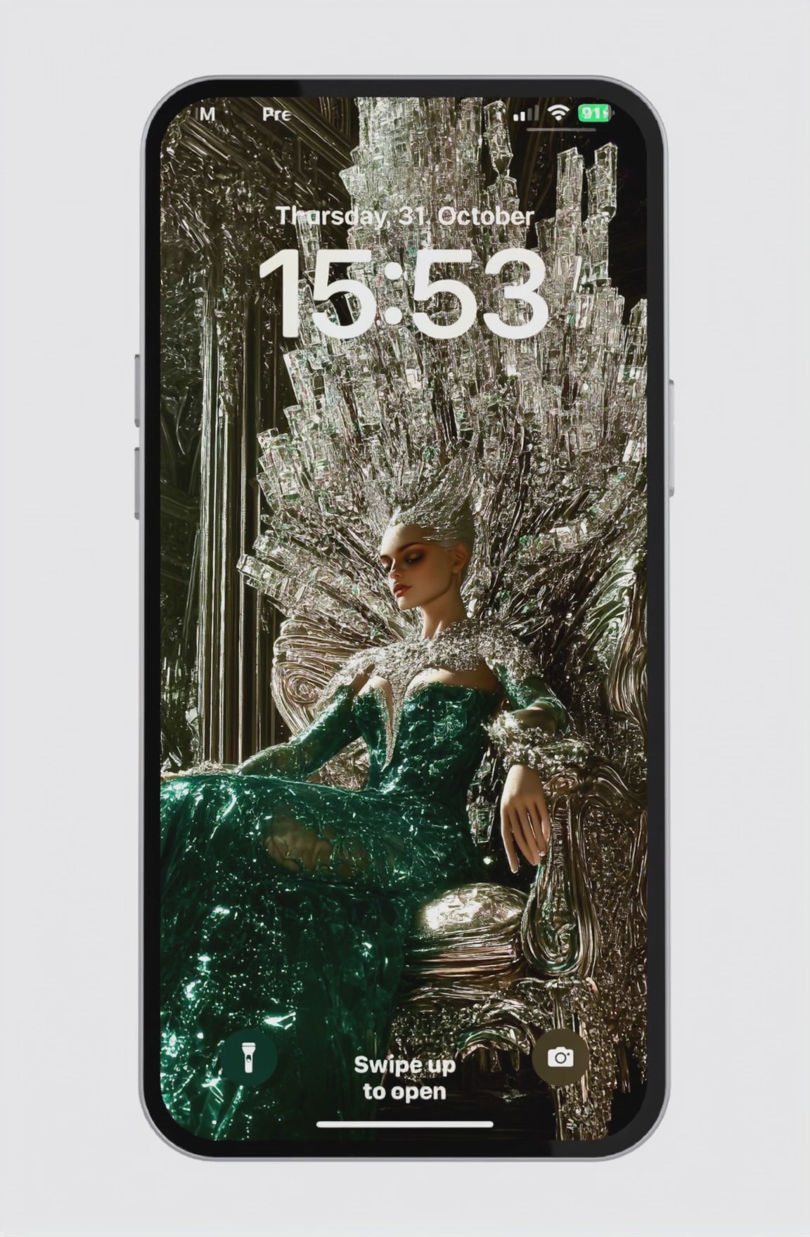 woman in emerald gown sitting on a crystal throne, surrounded by silver mirrors and dramatic lighting – regal and luxurious phone wallpaper