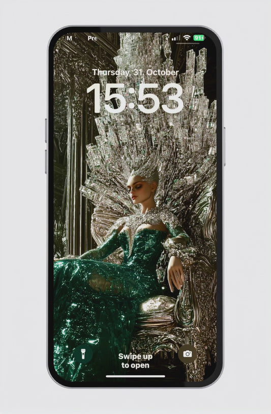 woman in emerald gown sitting on a crystal throne, surrounded by silver mirrors and dramatic lighting – regal and luxurious phone wallpaper