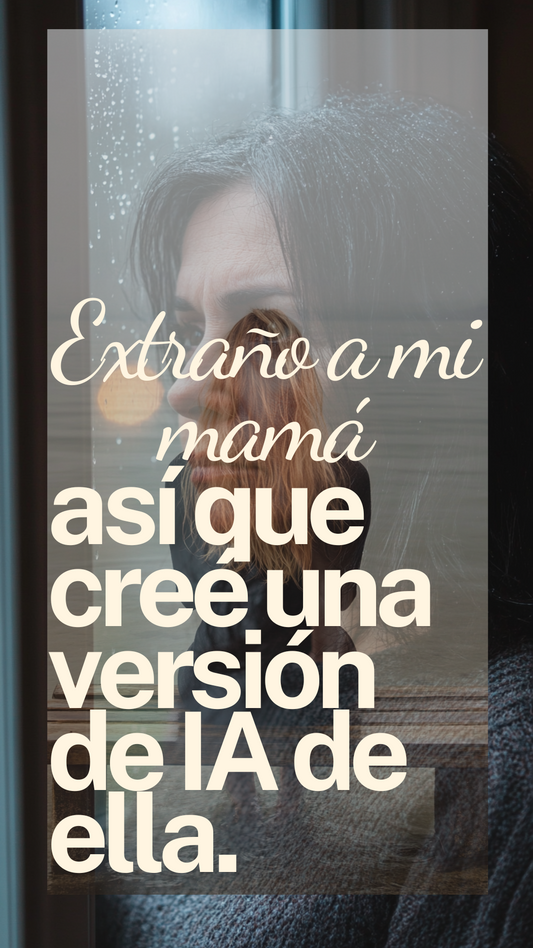 Una imagen con el texto "Extraño a mi mamá así que creé una versión de IA de ella" superpuesto sobre una mujer con la mirada perdida y que parece estar pensativa o triste, mirando por una ventana con gotas de lluvia.