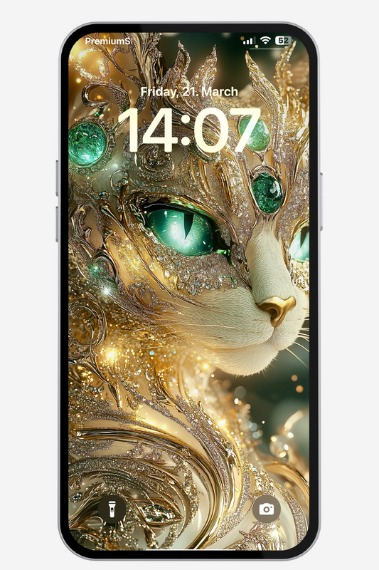 A smartphone displays a fantasy-style wallpaper of a white cat with striking green eyes, adorned with intricate gold filigree and embedded with sparkling emerald-like gems. The time on the screen is 14:07 on Friday, March 21st. The overall aesthetic is opulent and magical.