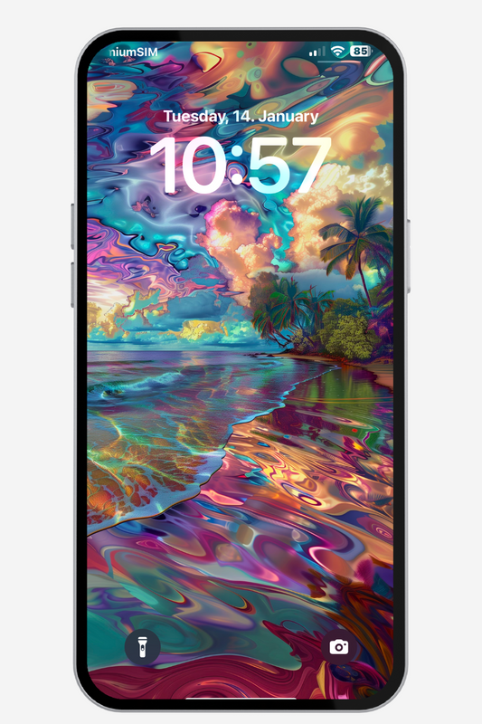 Ultra 4K Beach Wallpaper displayed on a smartphone mockup. Vibrant tropical ocean scene with a stained-glass effect, perfect for mobile and iPhone. Instant download for a stunning phone background.