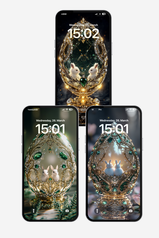 luxurious easter wallpapers featuring three golden egg designs with white bunnies, emerald gems and glowing details – elegant phone background set
